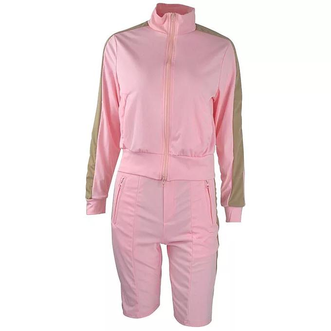 2-Piece: Lapel Neck Zipper Color Matching Long Sleeve Fleece Sport Casual Shorts