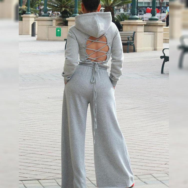 2-Piece: Drawstring Open Back Loose Trouser Legs Suit
