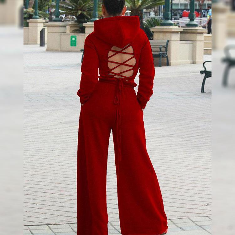 2-Piece: Drawstring Open Back Loose Trouser Legs Suit