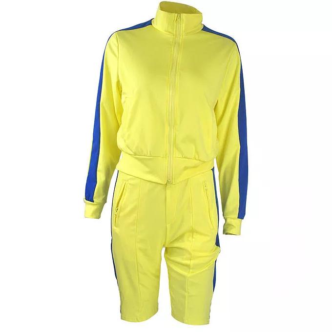 2-Piece: Lapel Neck Zipper Color Matching Long Sleeve Fleece Sport Casual Shorts