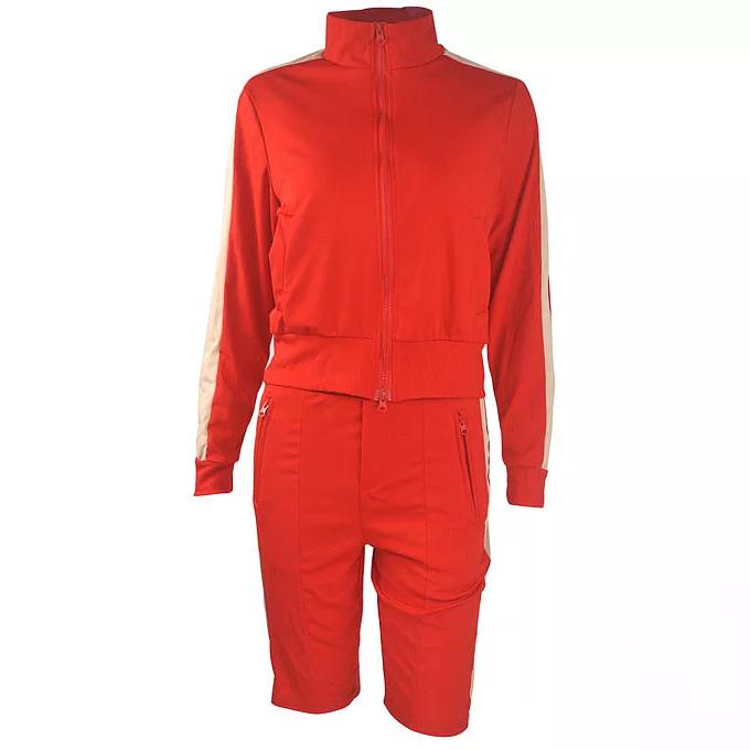 2-Piece: Lapel Neck Zipper Color Matching Long Sleeve Fleece Sport Casual Shorts